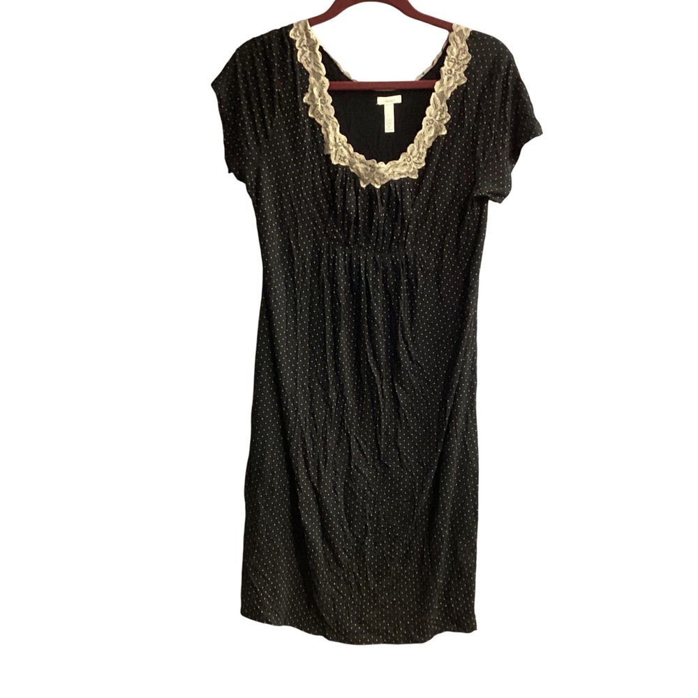 Soma Polka Dot Dress Lace Trim Rayon‎ Blend Casual Black Sleeping Gown Medium